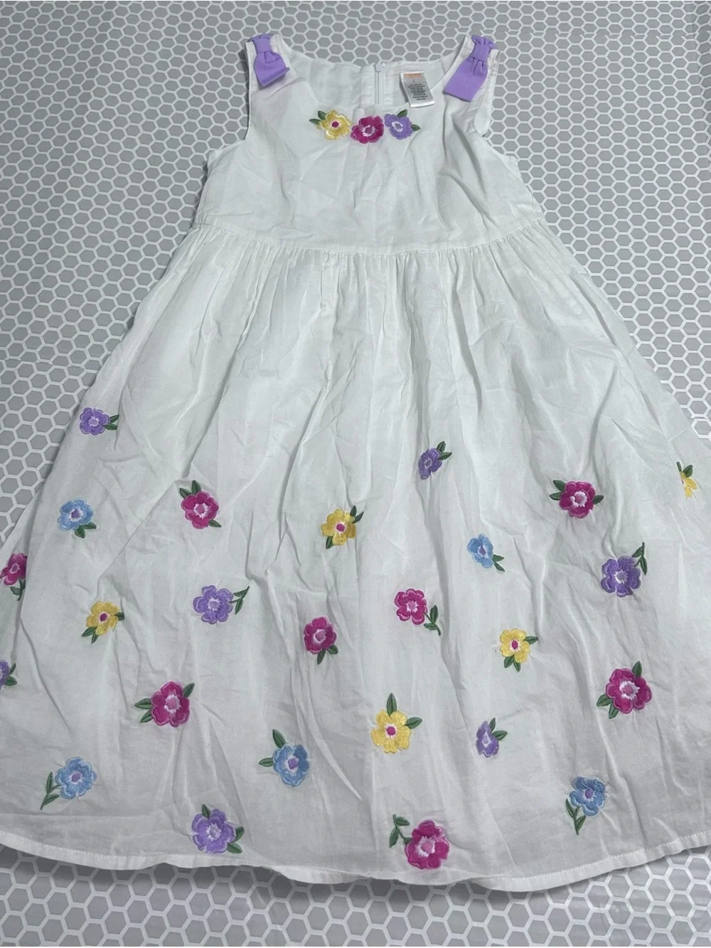 Gymboree White Dress w Purple, Pink, Yellow and Blue Floral Embroidery. Size 8